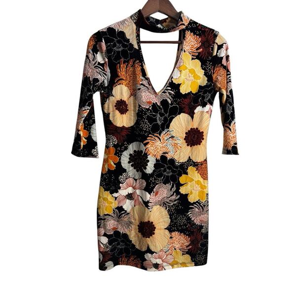 Womens Mini Dress Oriental Retro Print Velvet Bodycon Cut Out Dress Small V Neck - Picture 10 of 13